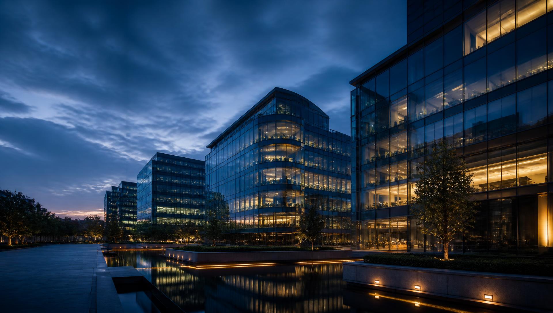 Modern commercial real estate at dusk in a financial district